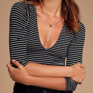 Lulus Class Cutie Black Striped V-neck Bodysuit - Size S